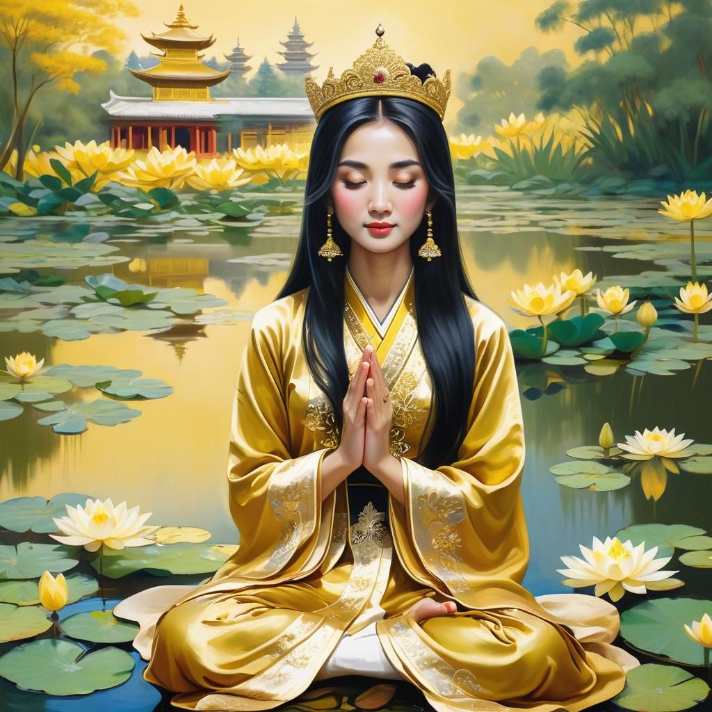 Asian Woman in Golden Costume, Anime-Inspired Art