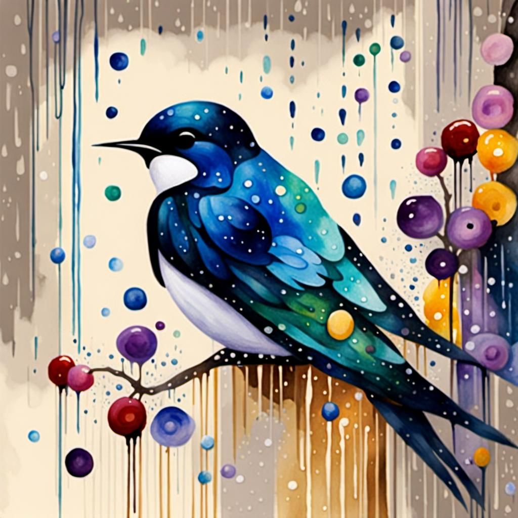 Swallow in Klimt Style: Concrete Art, Watercolor Painting