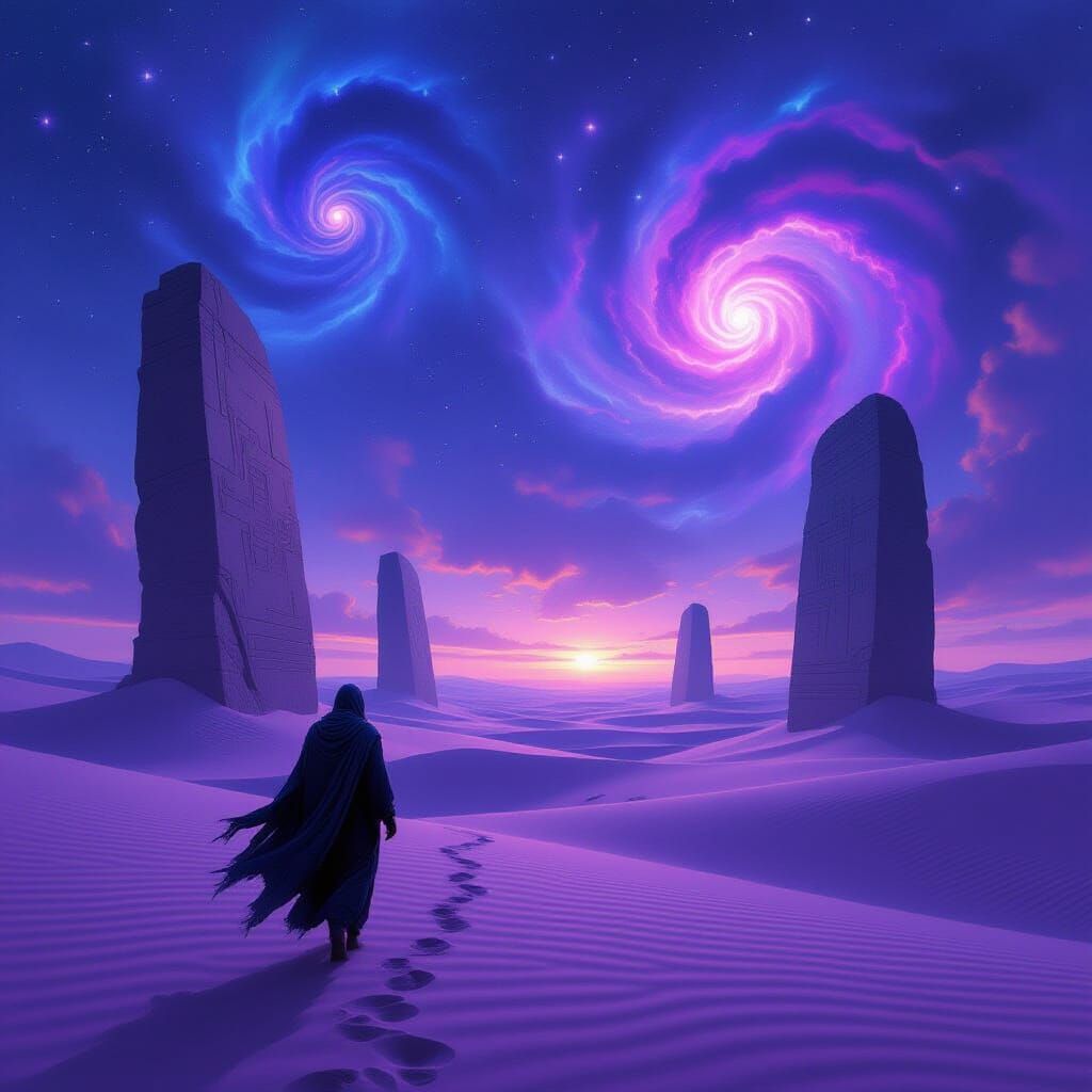 Nomad in Amethyst Desert Under Cosmic Sky