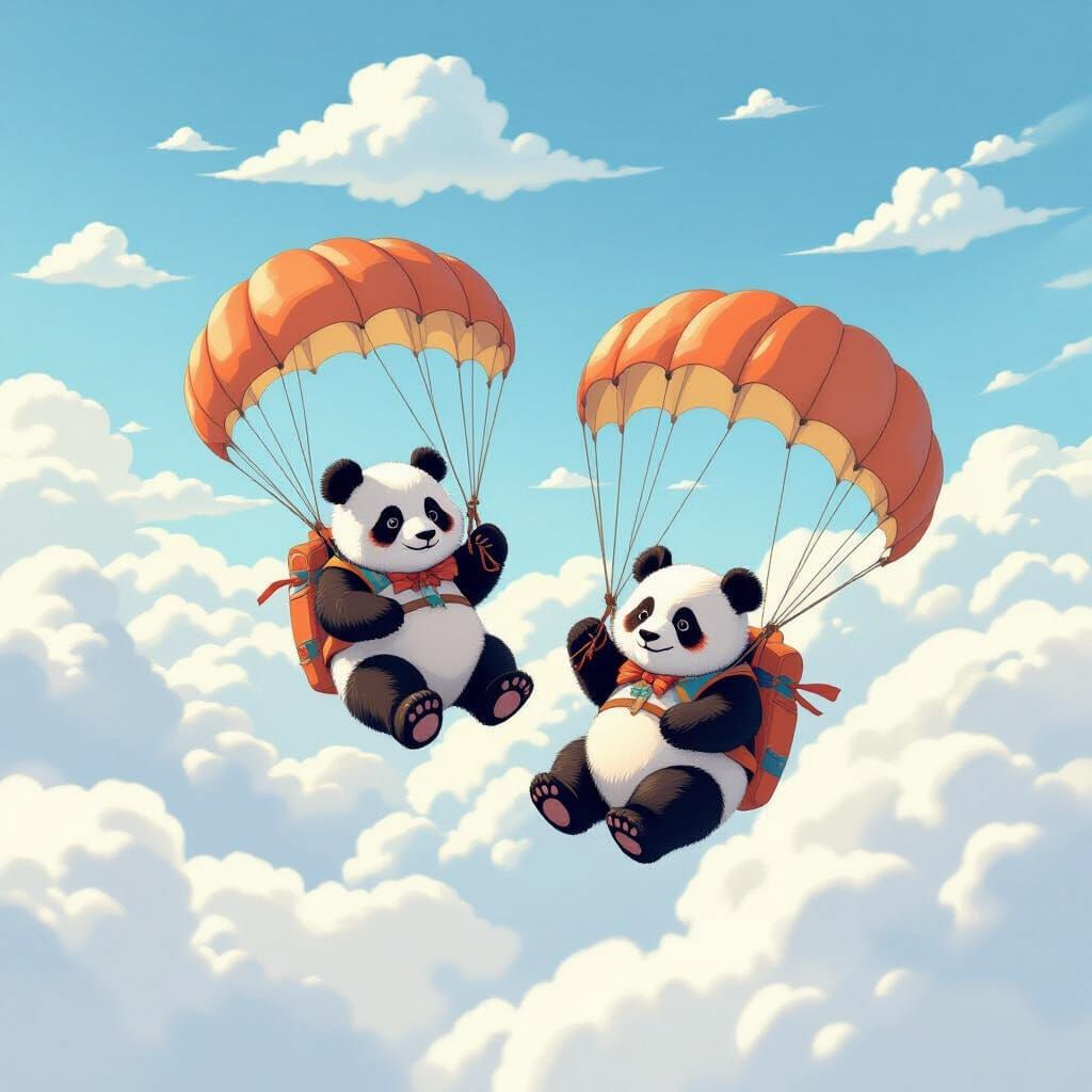 Adorable Pandas Descend from Sky in Whimsical Style