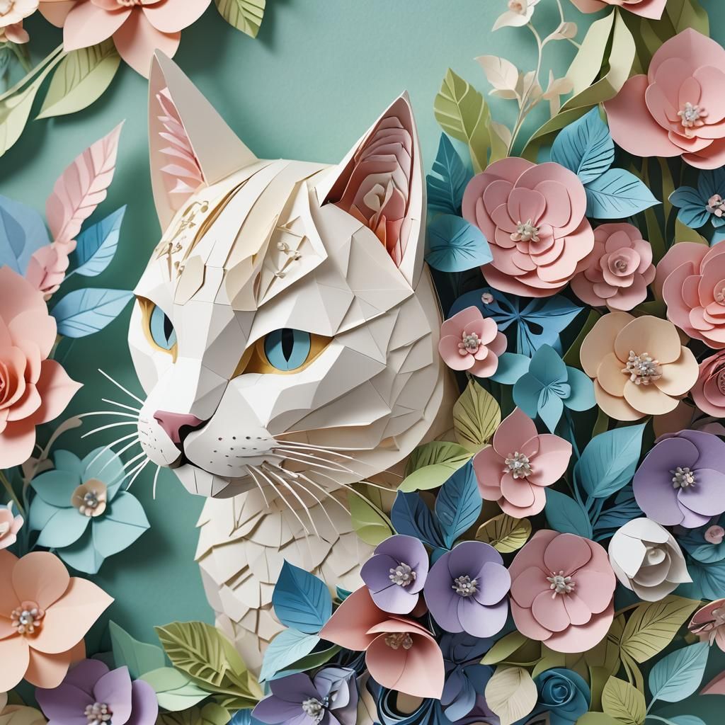 Whimsical Paper Craft Cat Purse with Floral Designs