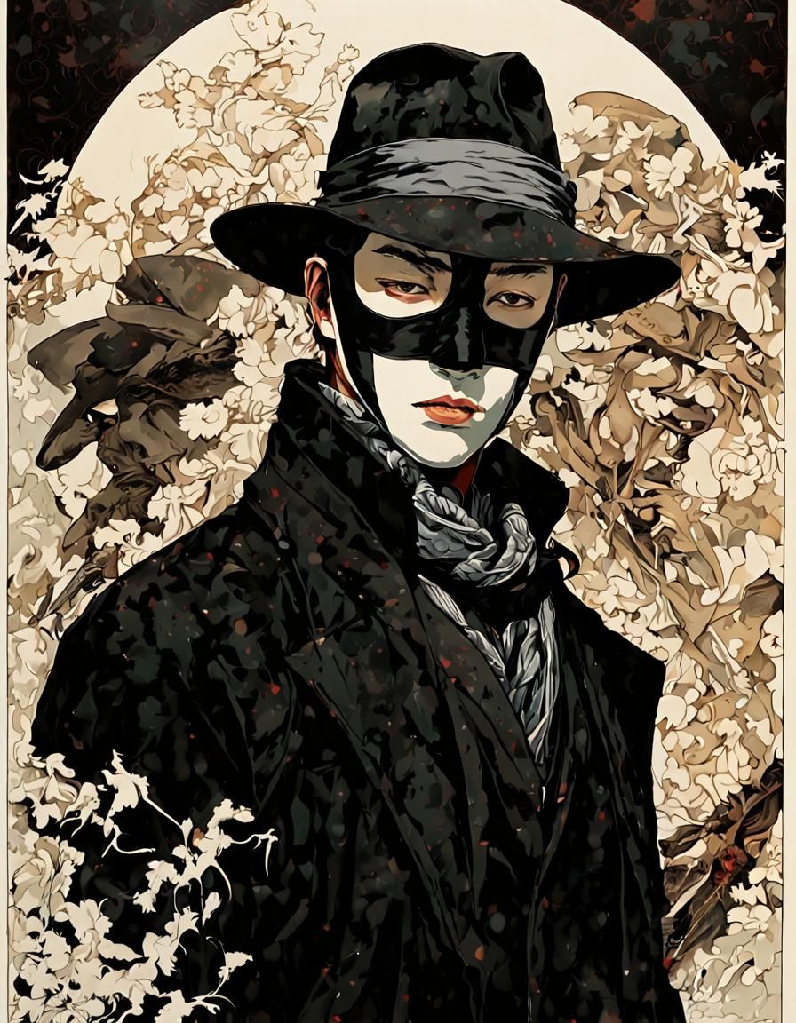 Noir Masked Hero with Daggers in Organic Line Drawing