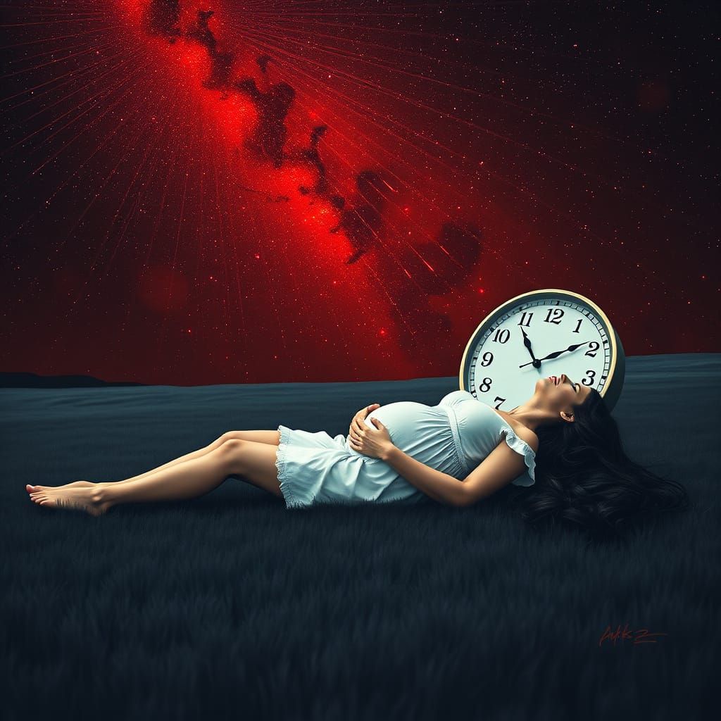 Pregnant Woman Under Astral Sky in Dreamlike Illustration