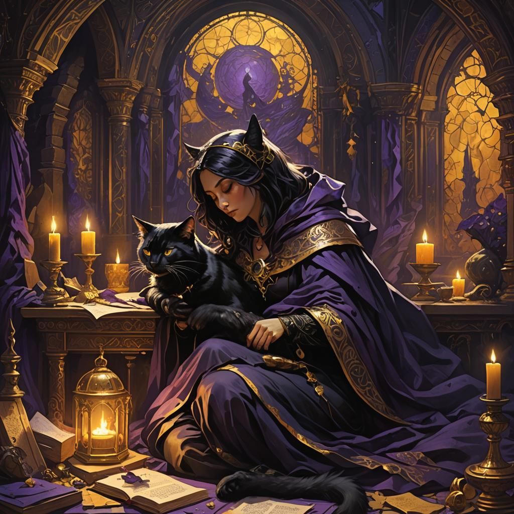 Mystical Chamber: Witch and Cat in Dark Fantasy Style