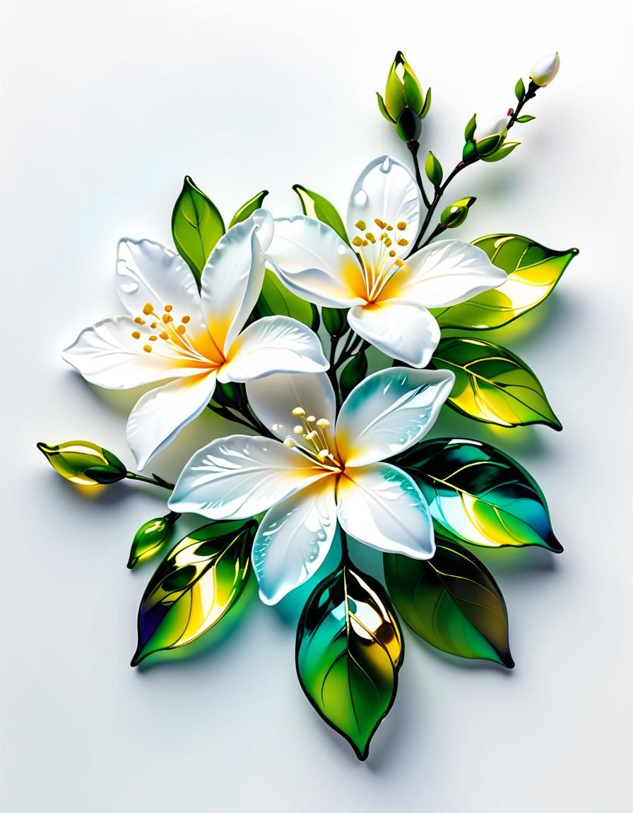 Alcohol Ink Jasmine Flowers on White, 3D Render