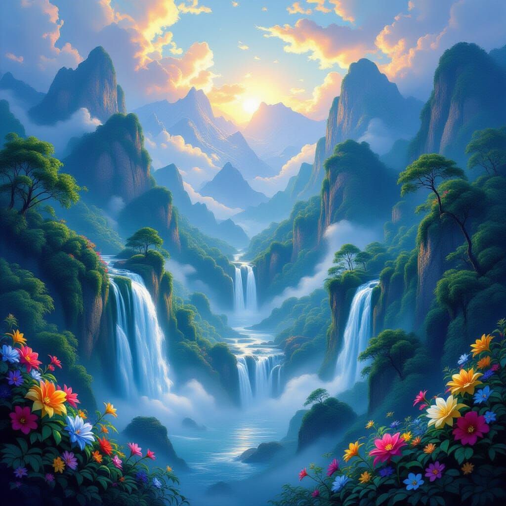 Dreamlike Waterfall Landscape with Exotic Flowers