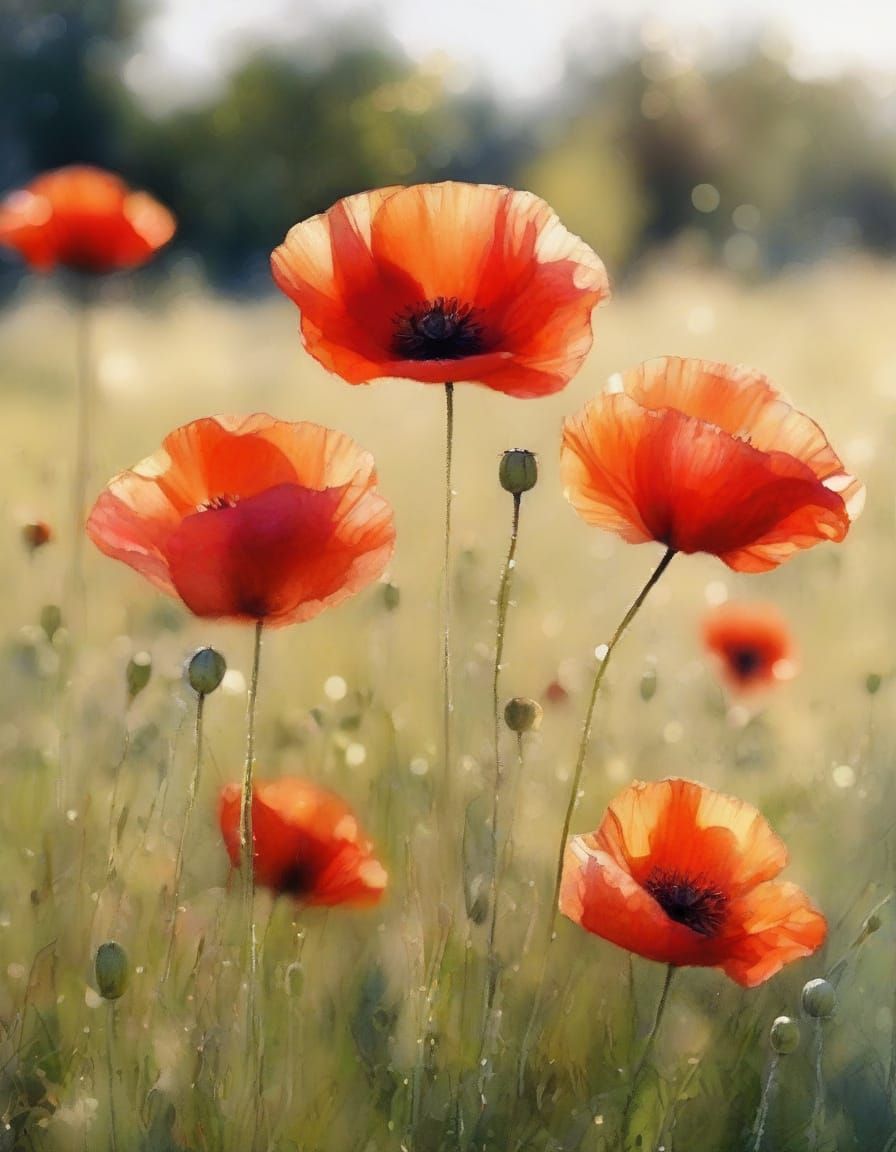 Detailed Watercolor Poppies in Shimmering Sunlight
