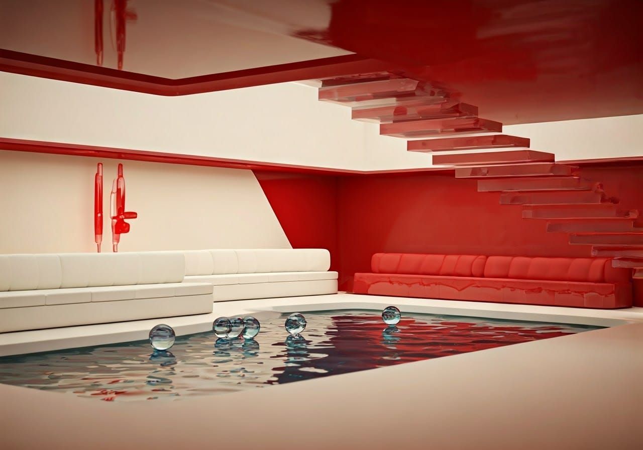 Futuristic Red and White Living Room with Plexiglass Stairwa...