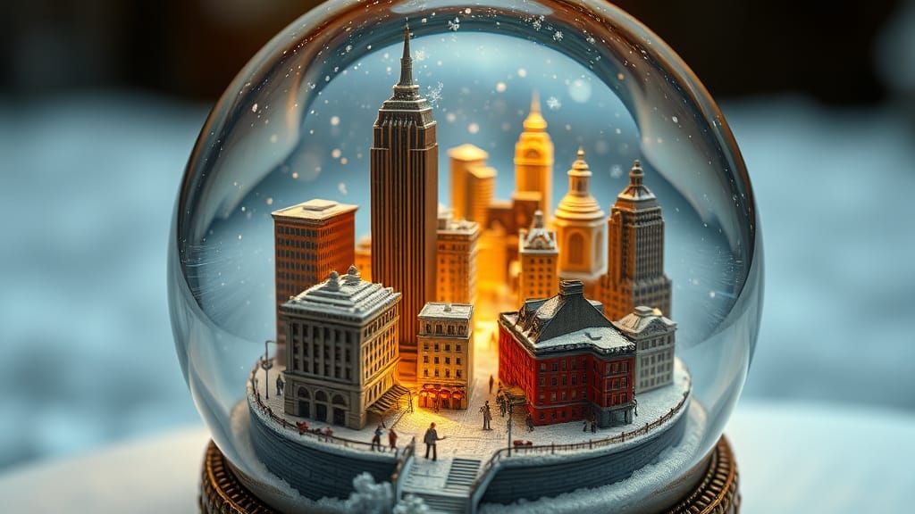 Miniature City Inside Antique Snow Globe: Hyperrealistic Art