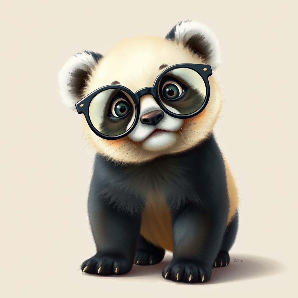 Cute Baby Panda Wears Glasses in Naturalistic Style