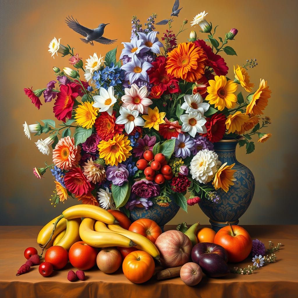 Fruit and Flower Still Life in a Muted, Art Nouveau-Inspired...