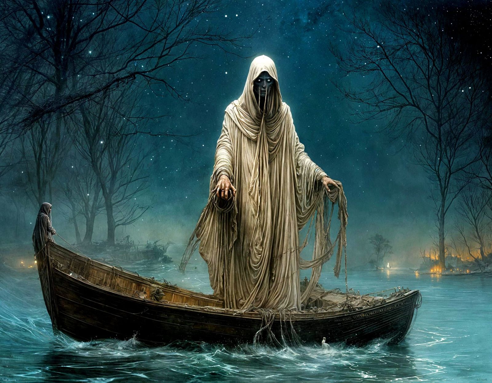 Ghostly Figure Crosses the River Styx in a Haunting, Biolumi...