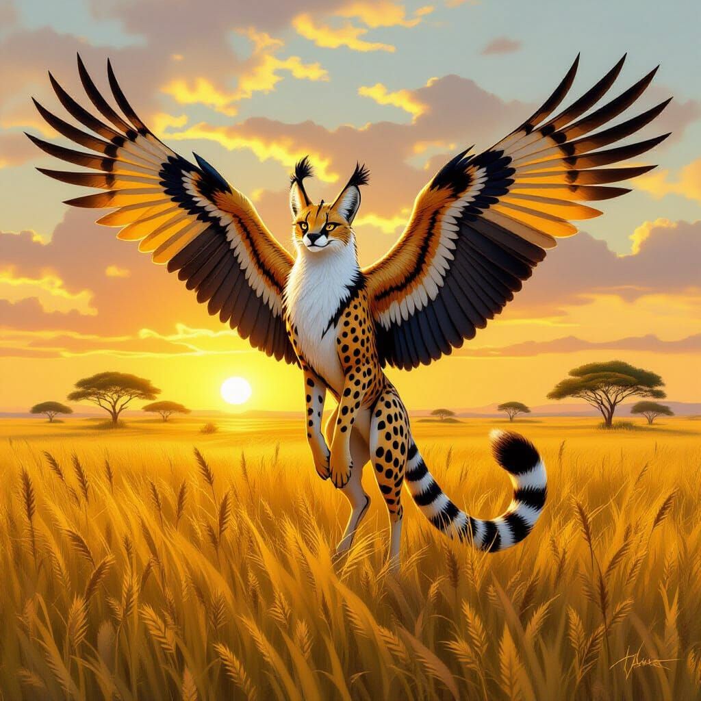 Serval Griffin in Golden Savanna: Fantasy Painting