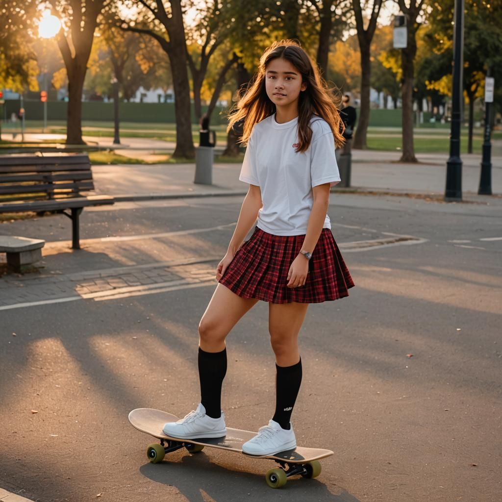 Girl on Skateboard in City Park at Sunset
