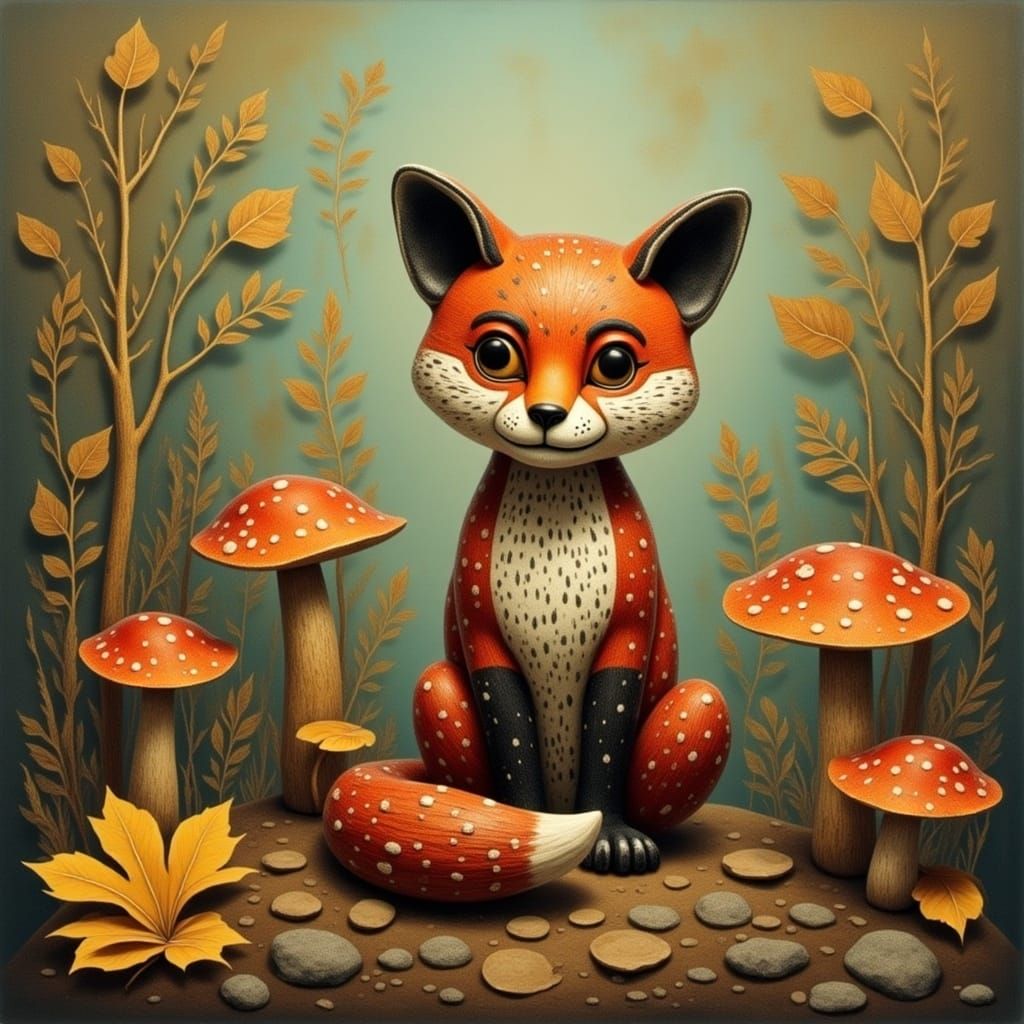 Vibrant Autumn Scene with Red Fox in Whimsical Style