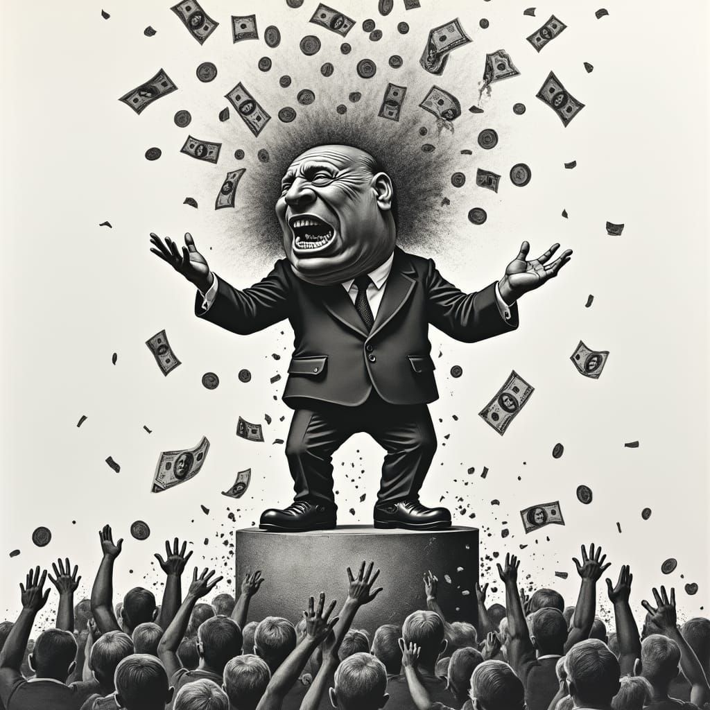 Politician Dumps Money on Masses: Charcoal Drawing