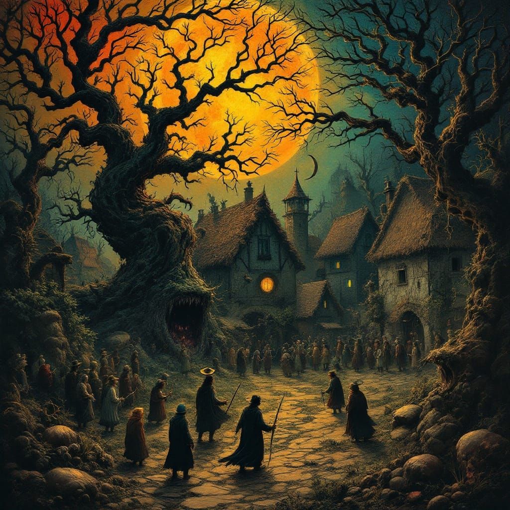 Mystical Gathering in a Dreamlike Landscape, as Dark Fantasy