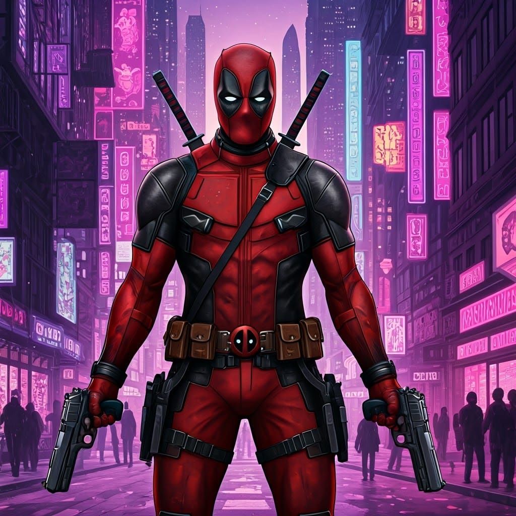 Deadpool in Cyberpunk Cityscape