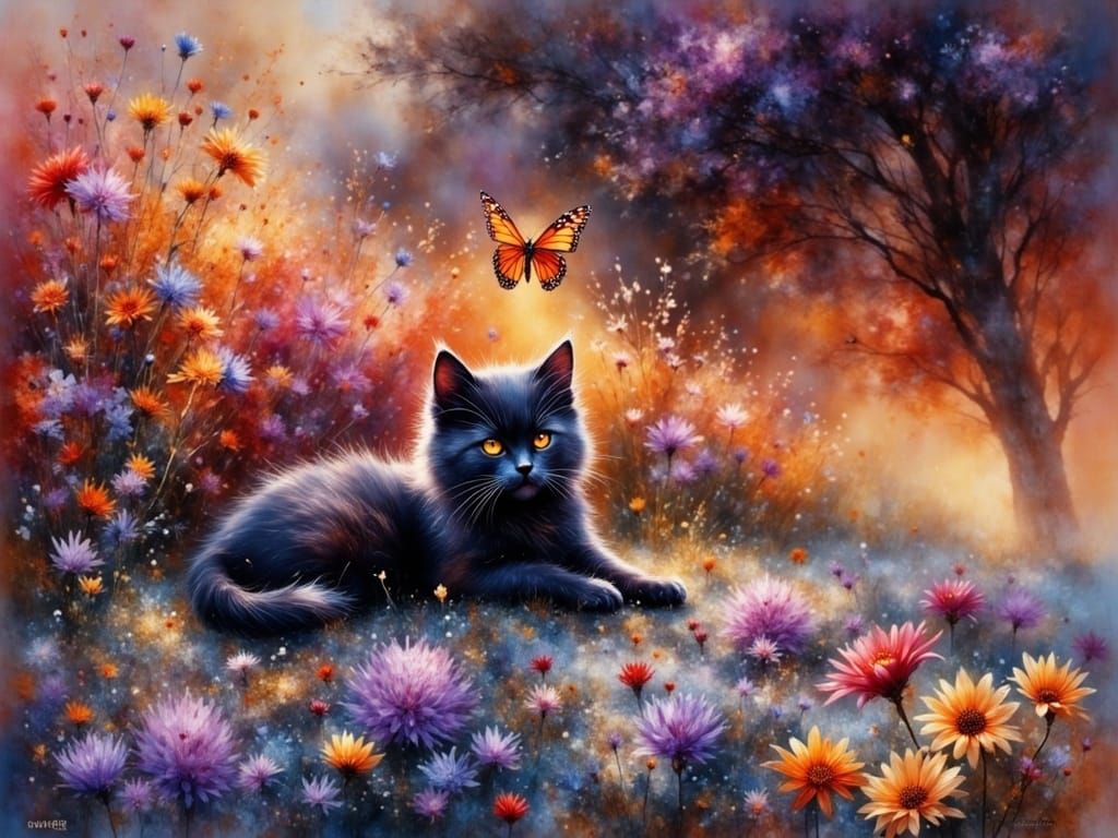 Whimsical Watercolor Kitten Chases Butterfly in Enchanting G...