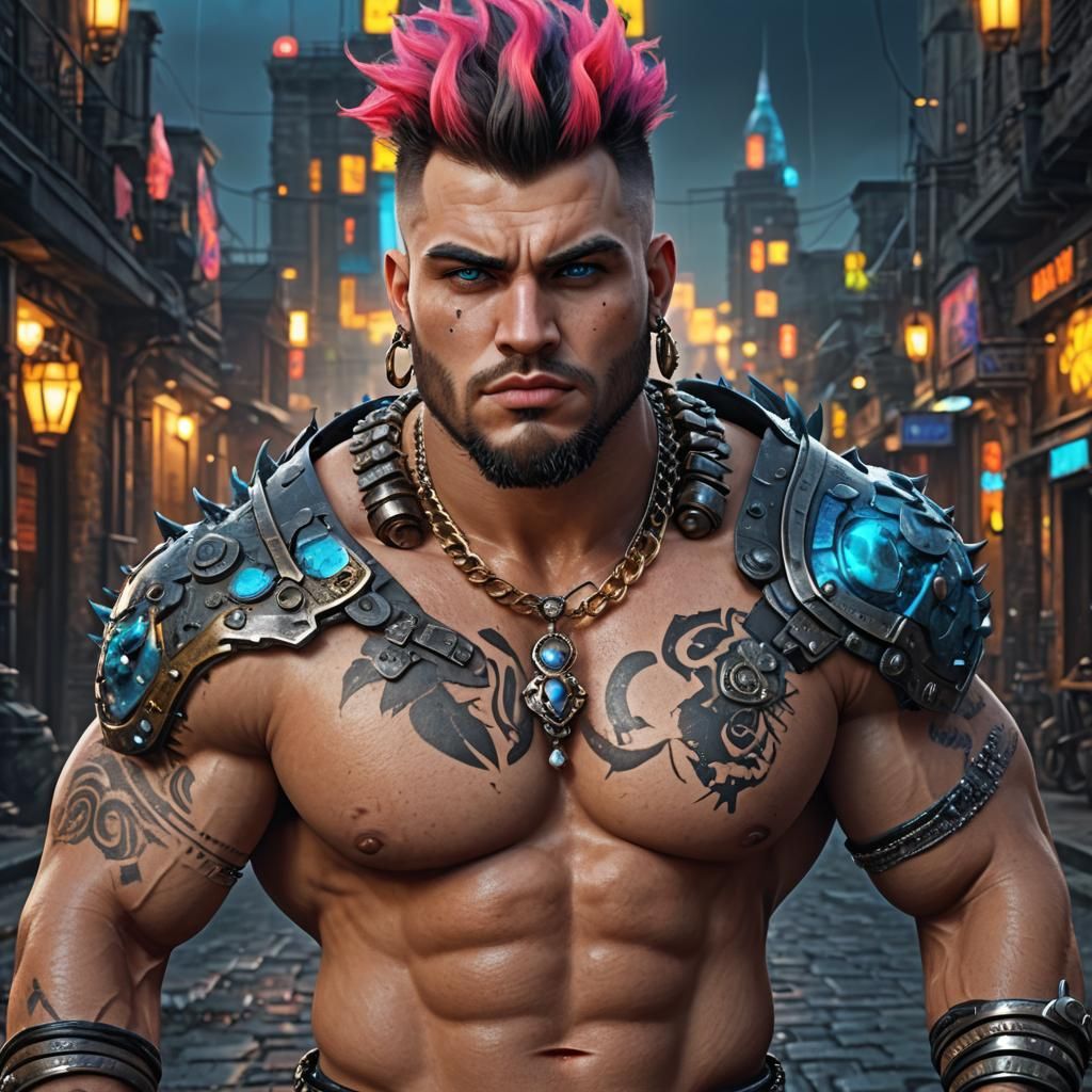 Muscular Man with Neon Mohawk and Jewelry