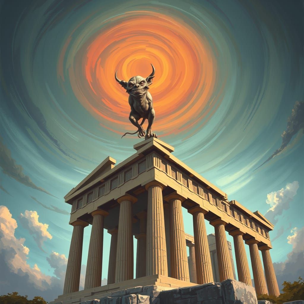 Ancient Ruin Caricature with Crooked Pillar and Grinning Gar...