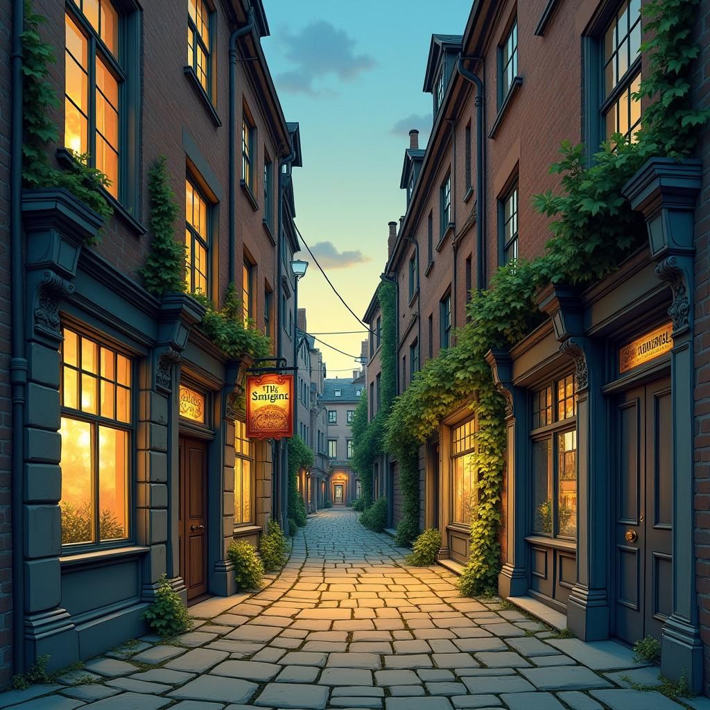 Charming Alleyway with Ornate Stonework in Watercolor Style