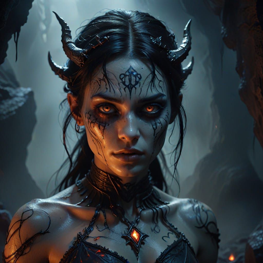 Demon Girl in Dark Cavern with Eerie Glowing Runes