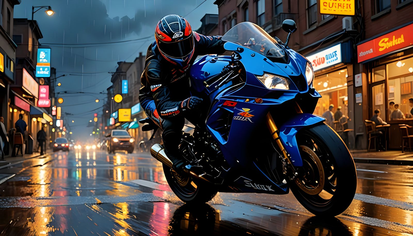 Neon Cityscape Motorcycle Chase in Cyberpunk Style