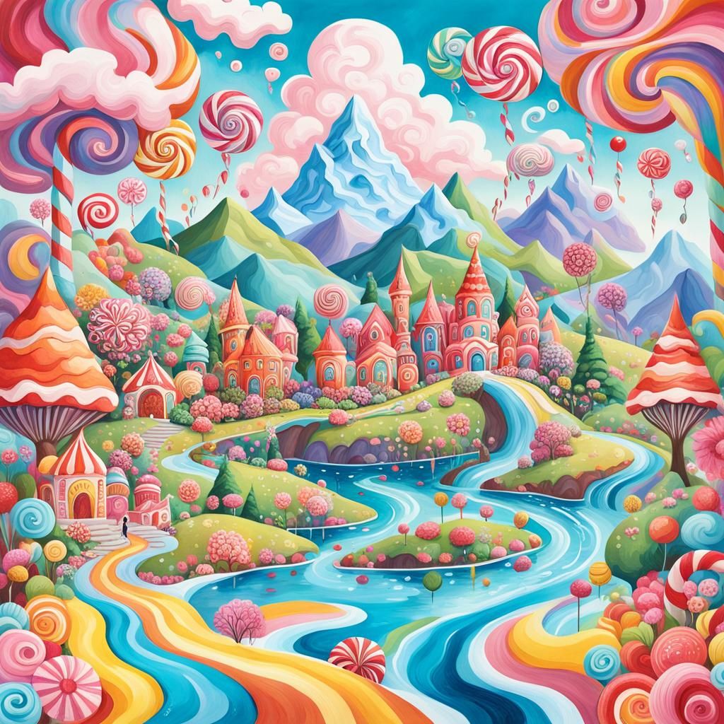 Vibrant Candy Fantasy Landscape in Gouache Style