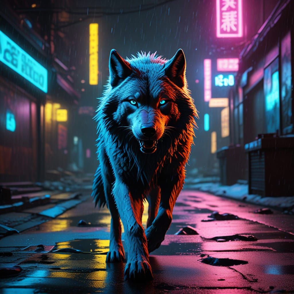 Cyberpunk Wolf Running in Snow with Neon Lights