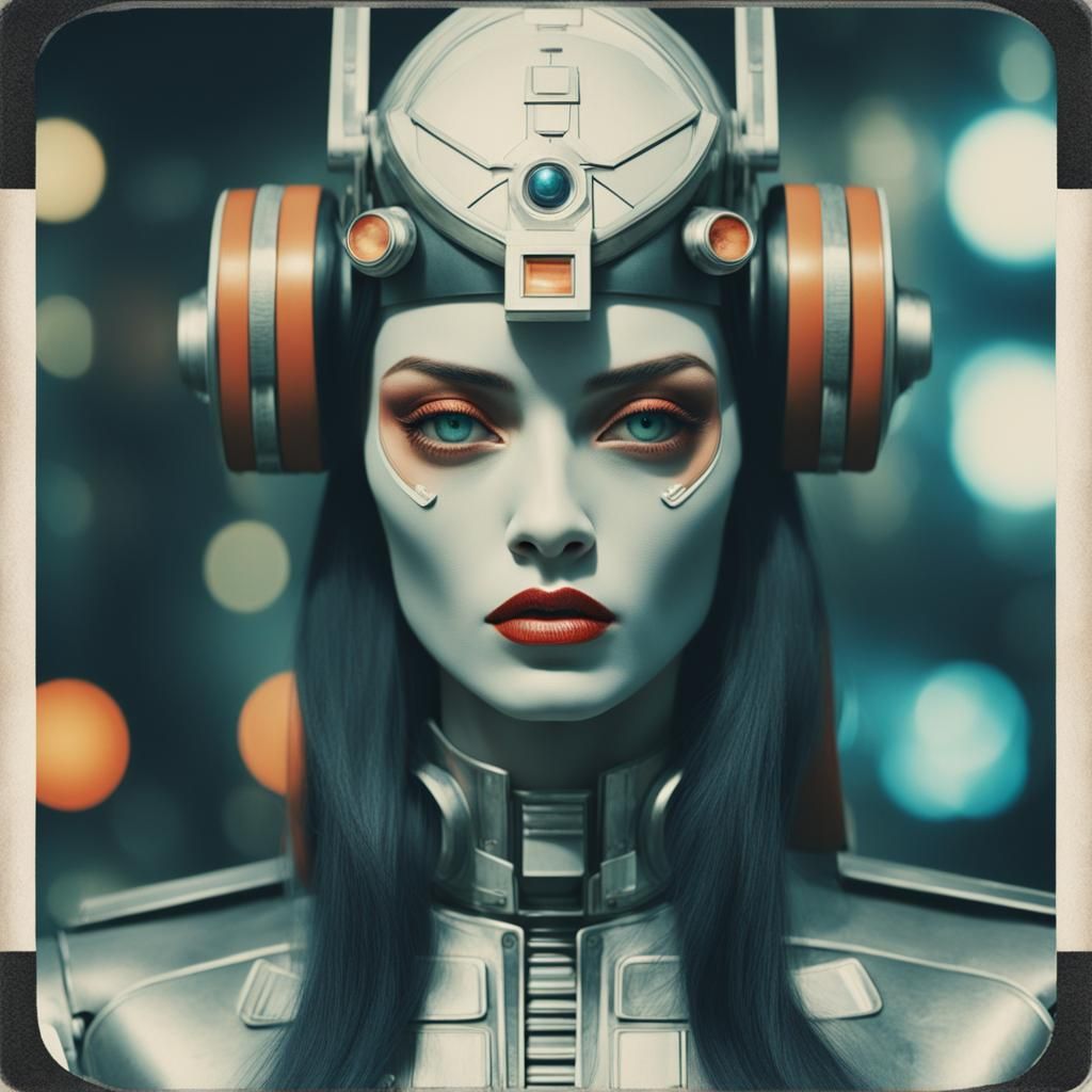 Futuristic Fisher Queen: Polaroid Portrait in Retro Style