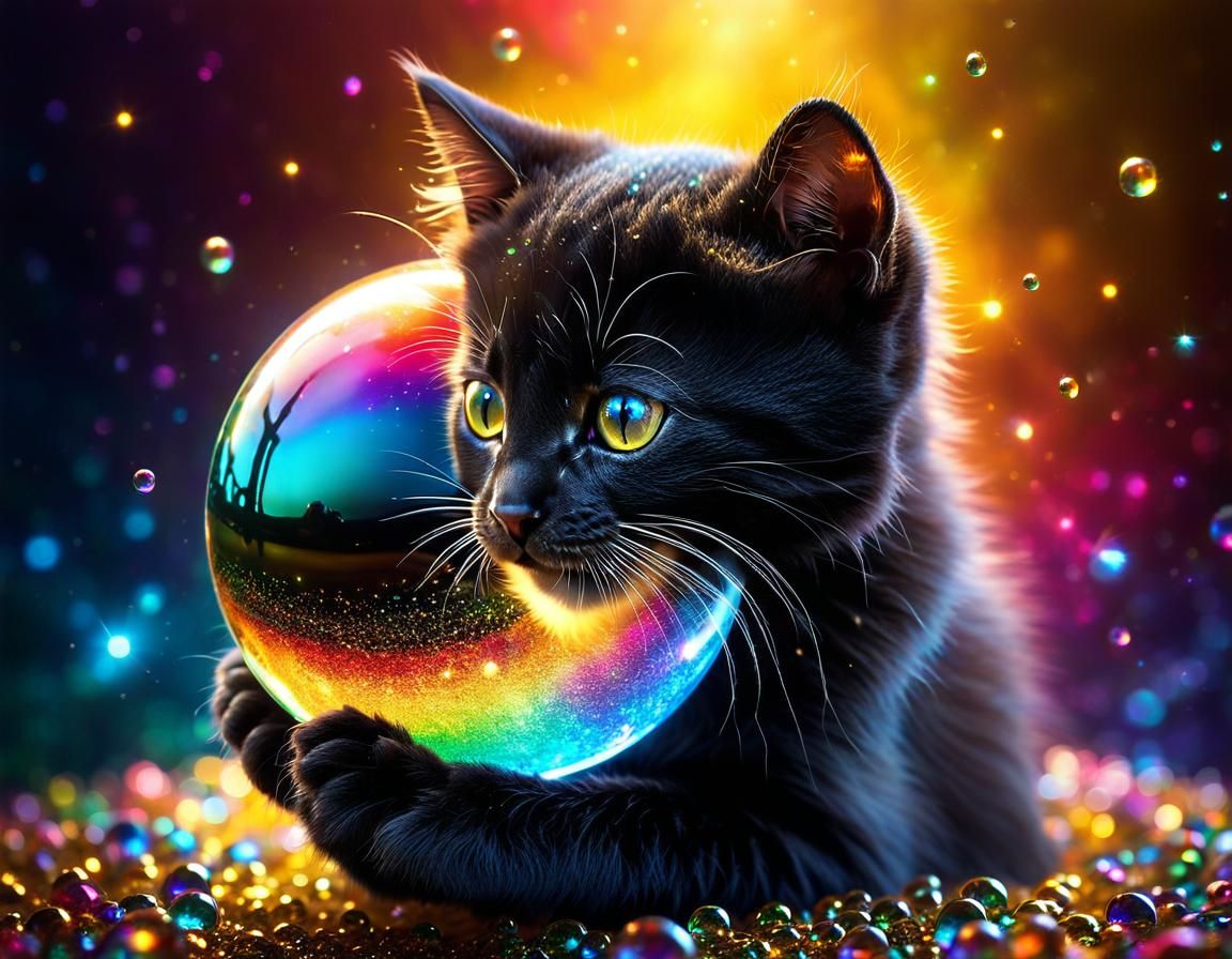 Black Kitten Hugging a Glittering Crystal Ball