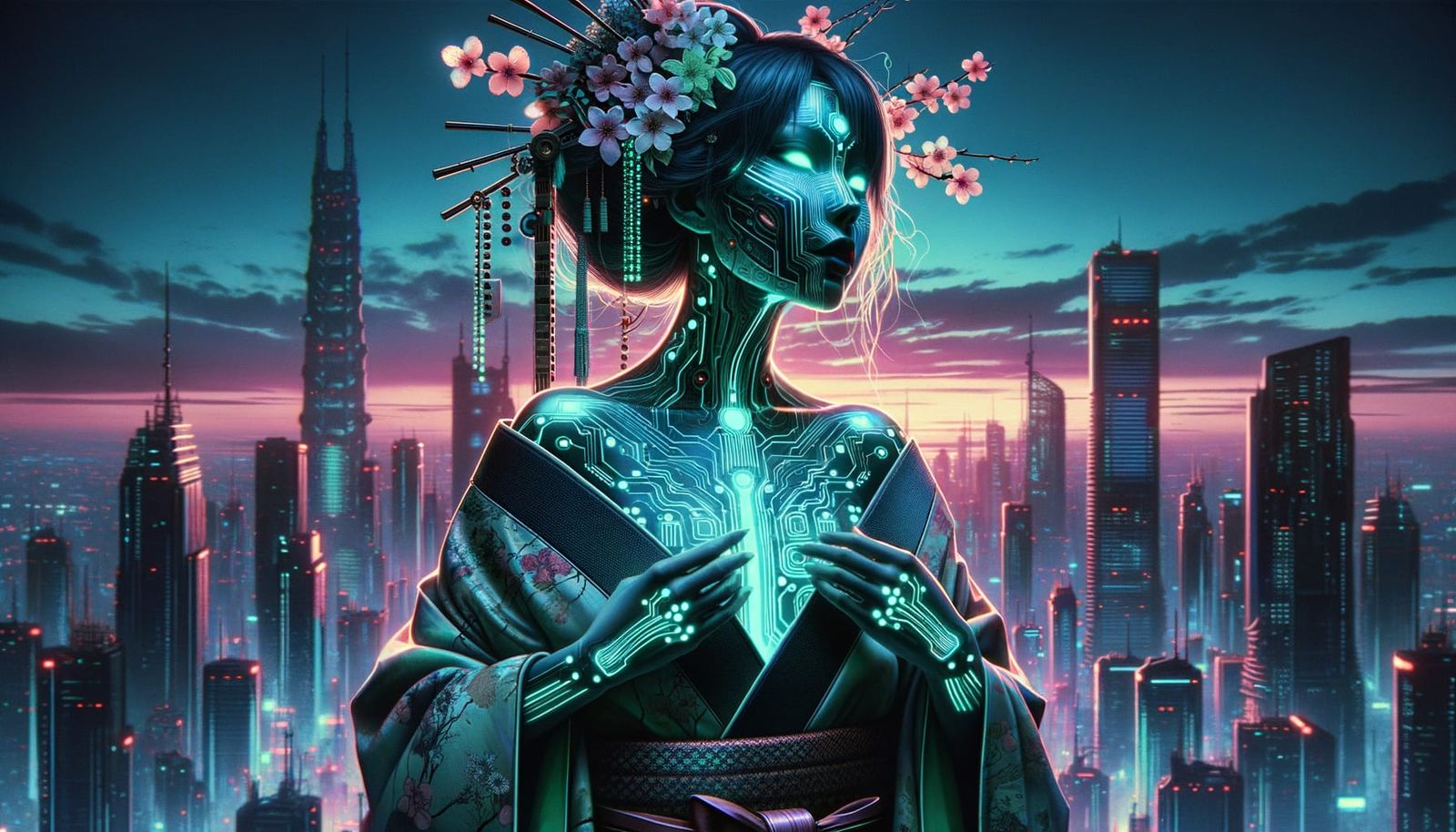 Surreal Cyberpunk Geisha Amidst Neon Twilight