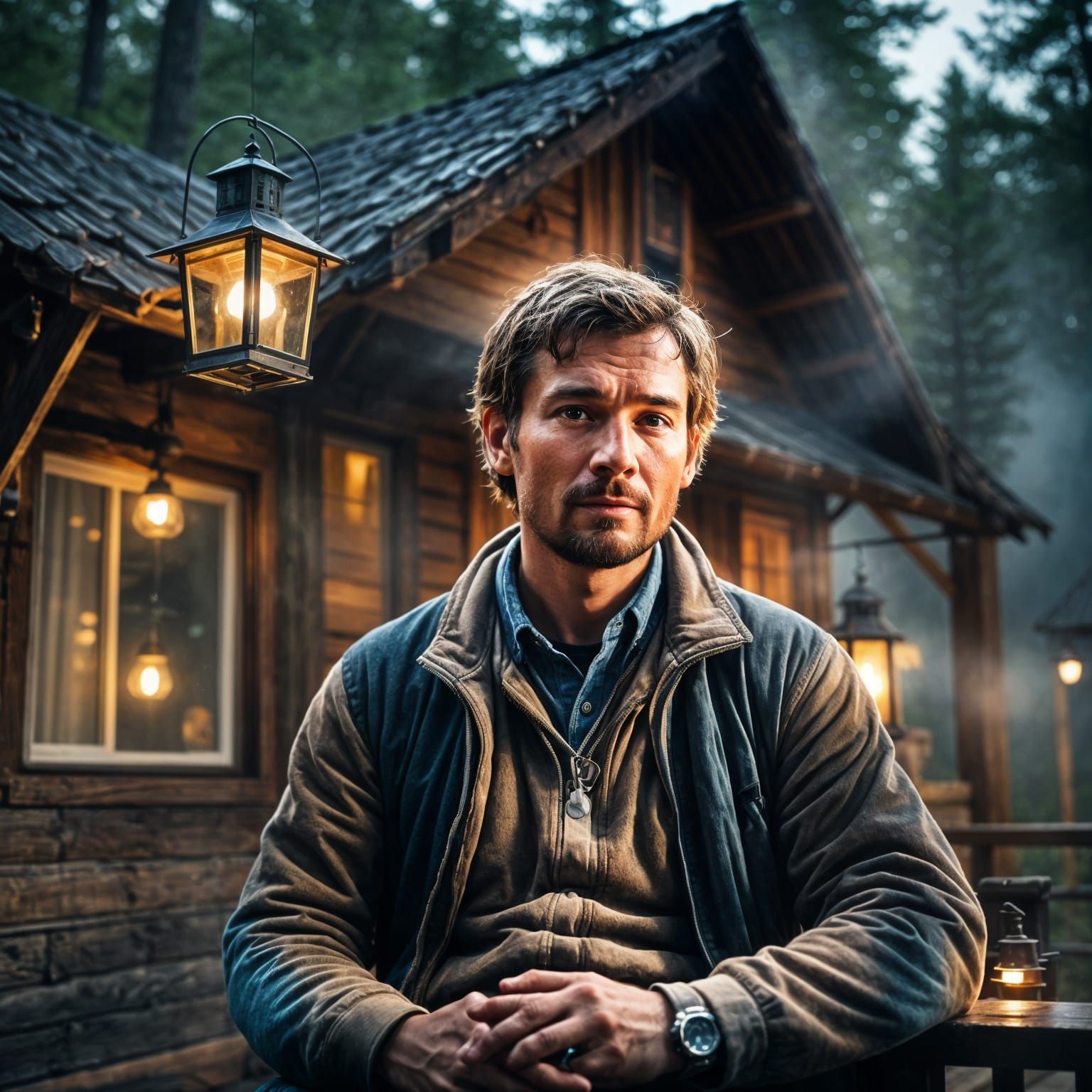 Cabin in Misty Woods at Night