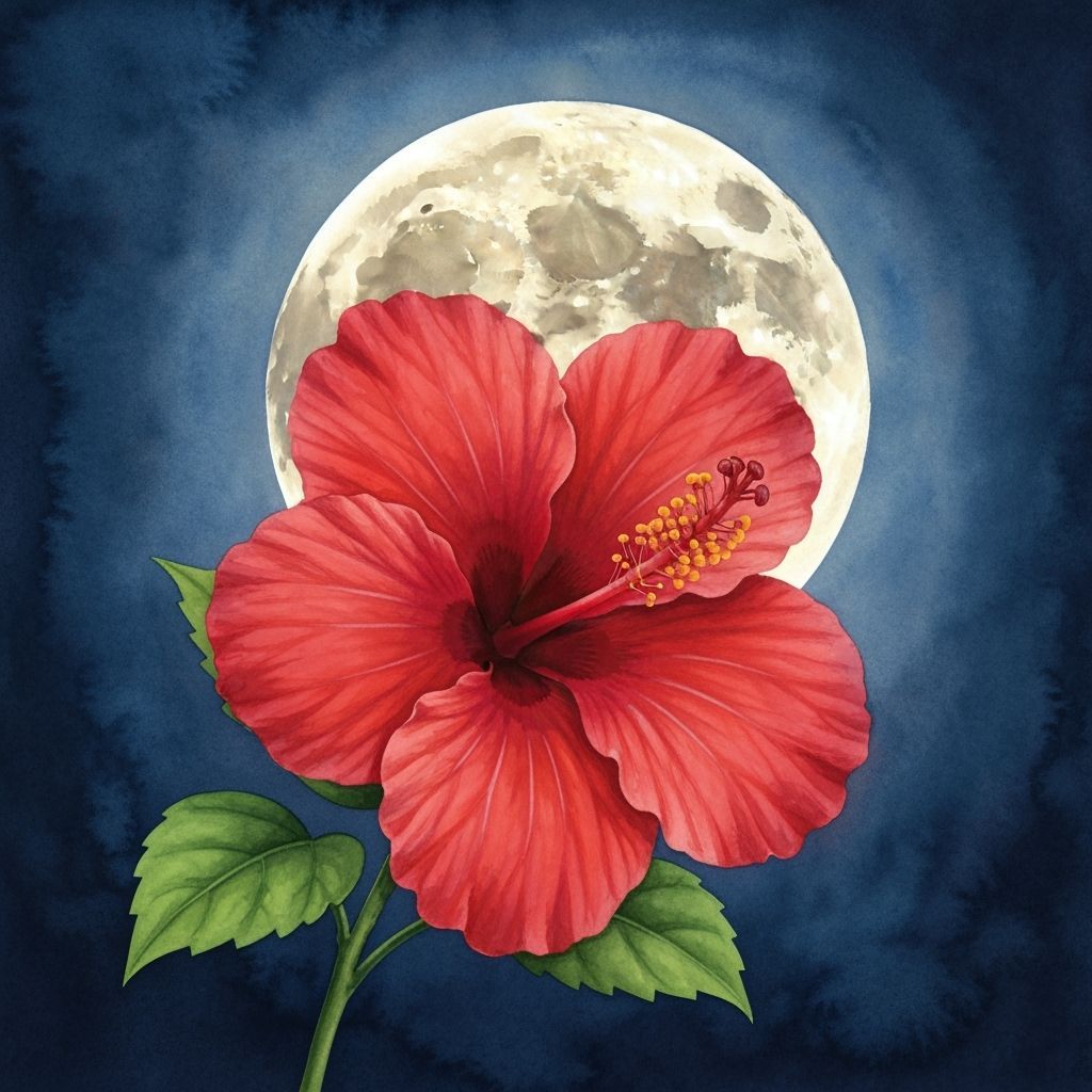 Watercolor Hibiscus Flower Backlit by Full Moon