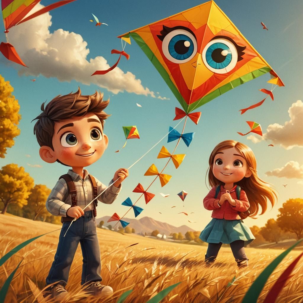 Boy and Girl with Kite in Photorealistic Style