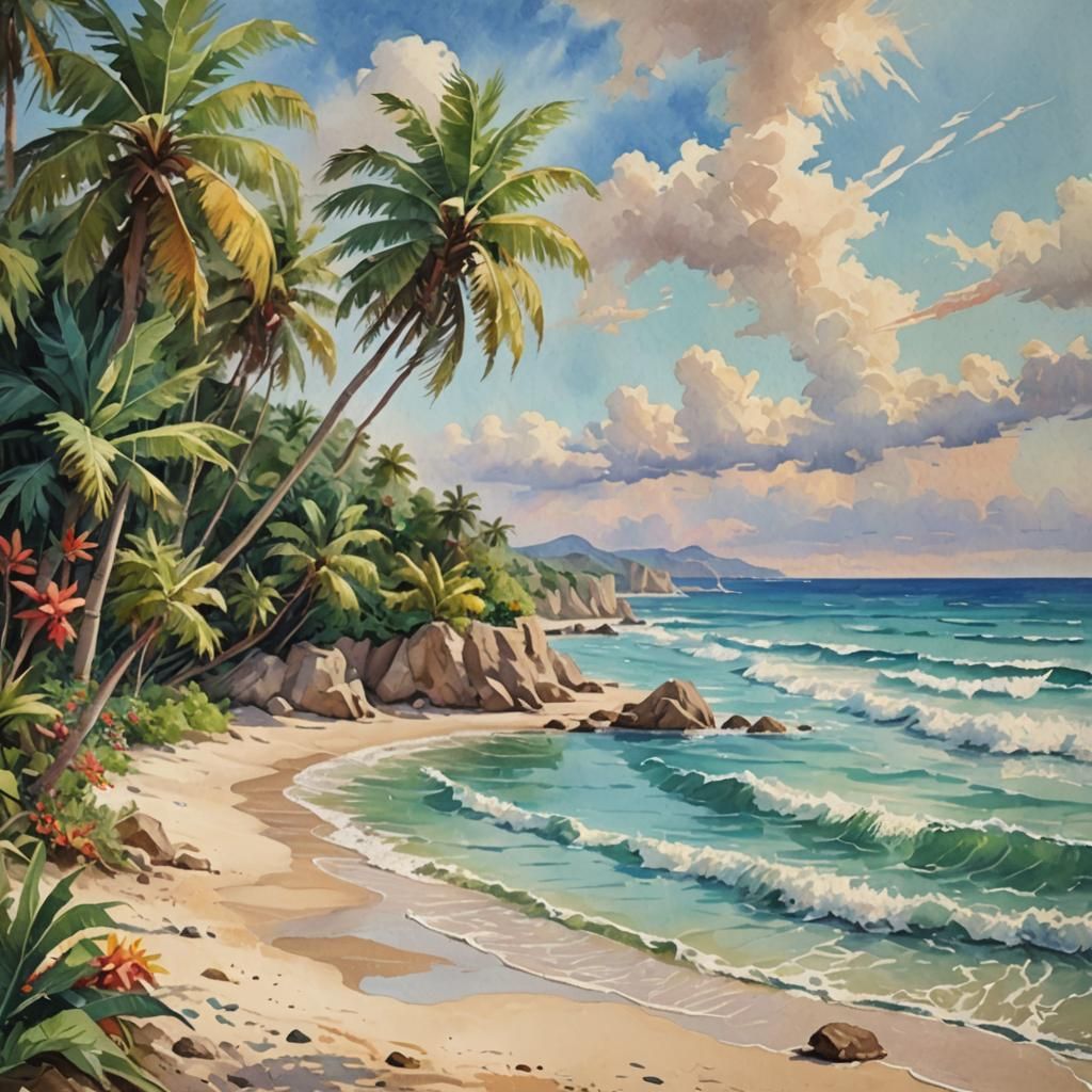 Tropical Beach in Gouache Watercolor Style