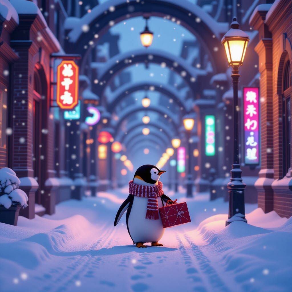 Penguin in Scarf on Cyberpunk Avenue