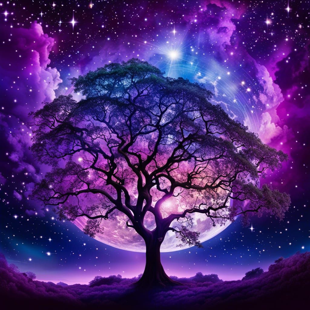 Magical Oak Tree with Purple Cloud Leaves