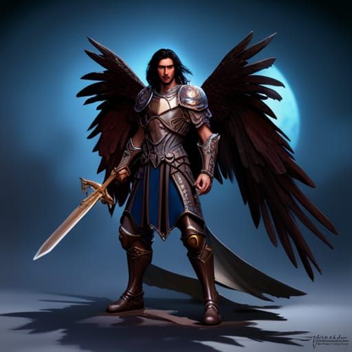 Dark Angel Knight with Black Wings, Detailed Art
