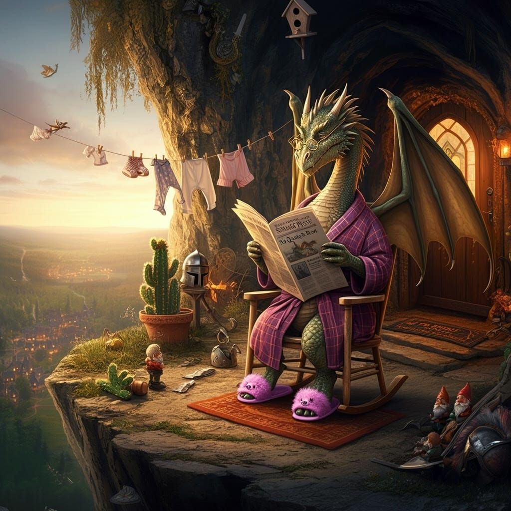 Retired Dragon Sipping Tea in Fuzzy Slippers