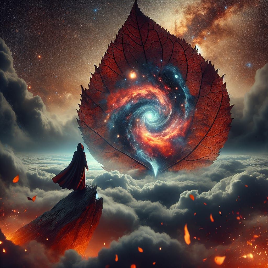 Surreal Cosmic Fantasy Scene of Hooded Figure on Floating Le...
