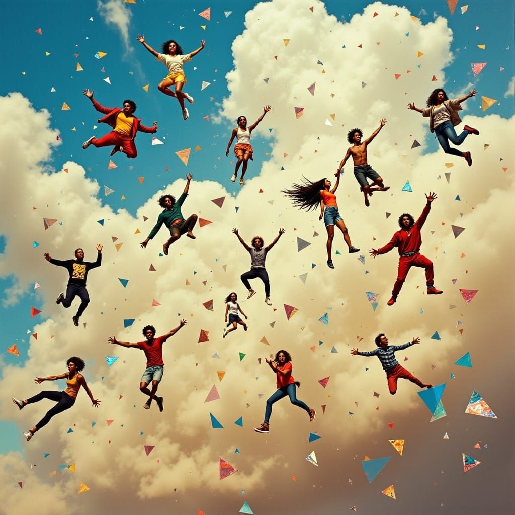 Vibrant Flying Crowd in Whimsical Sky