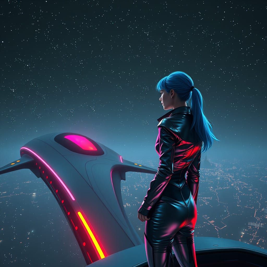 Girl with Blue Hair Under Starry Night Sky in Cyberpunk Styl...