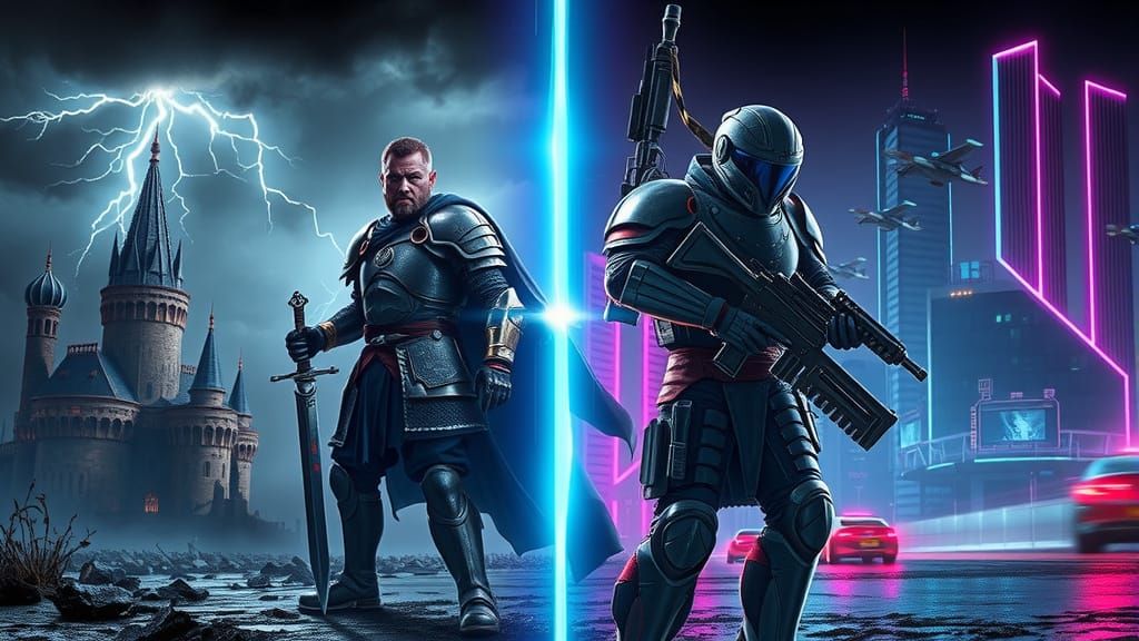 Epic Dimension Shift: Medieval Warrior Meets Cyberpunk Soldi...