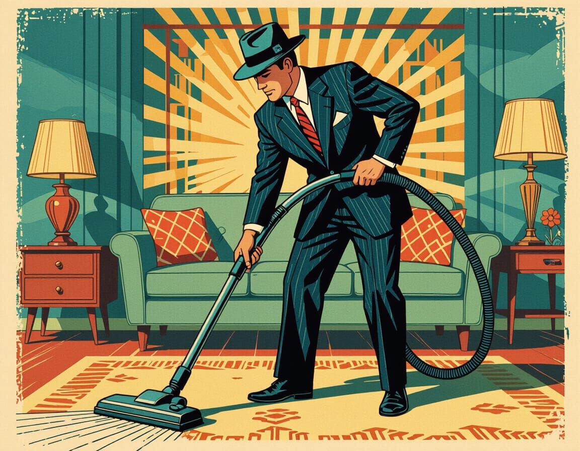 Retro Americana Man Vacuuming in 1950s Lounge