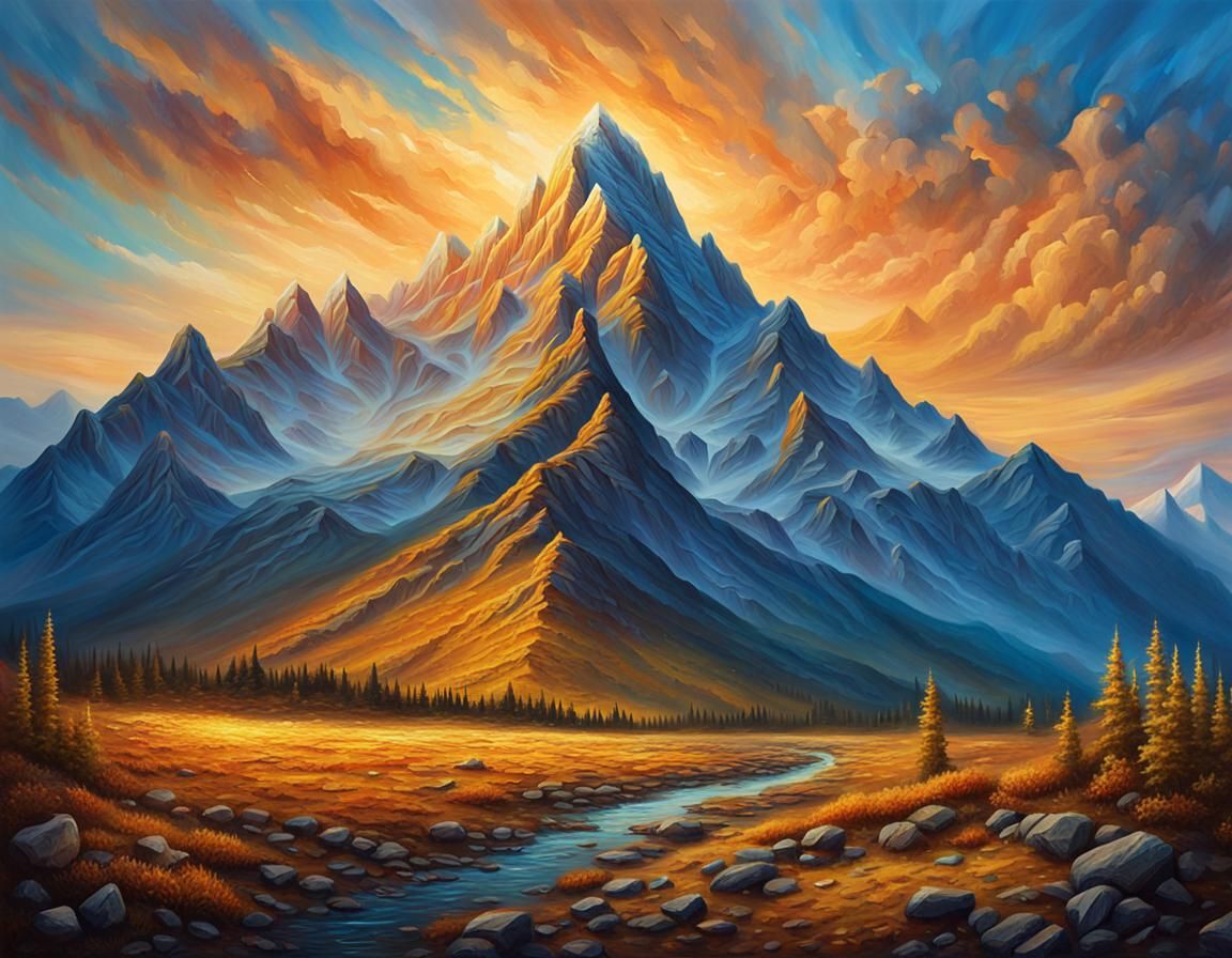 Majestic Mountain Peak in Richly Textured Oil Painting