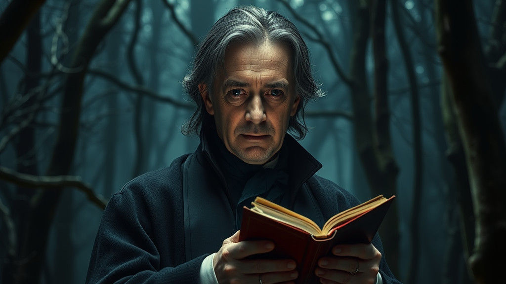 Portrait of Alan Rickman as Severus Snape in night Shadowy Woods, Sfumato, Edwin Lanseer, Flowing Colors, founding book