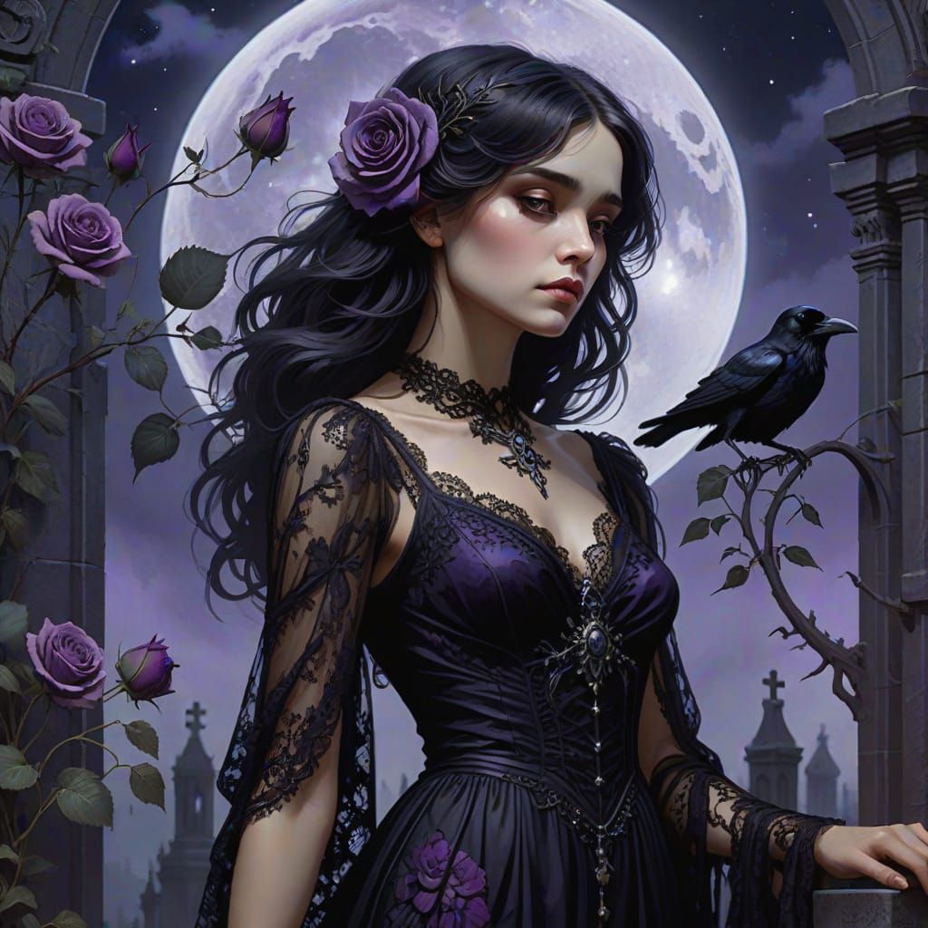 Gothic Woman in Graveyard with Rose, Art Nouveau Style