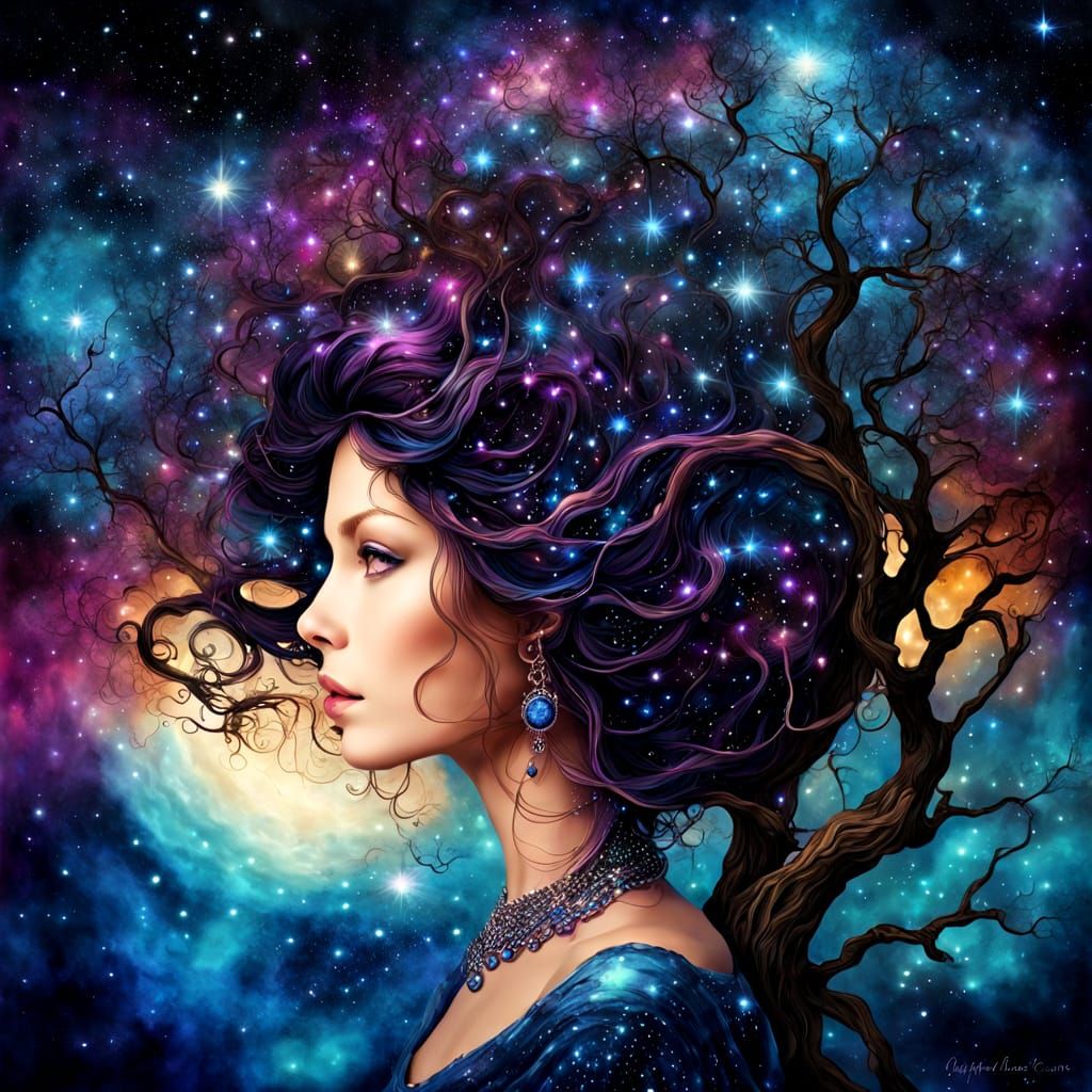 Cosmic Woman Perched on Ancient Tree